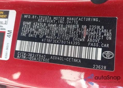 2011 Toyota Camry Le z USA, uszkodzony, nr VIN 4T1BF3EK7BU144395